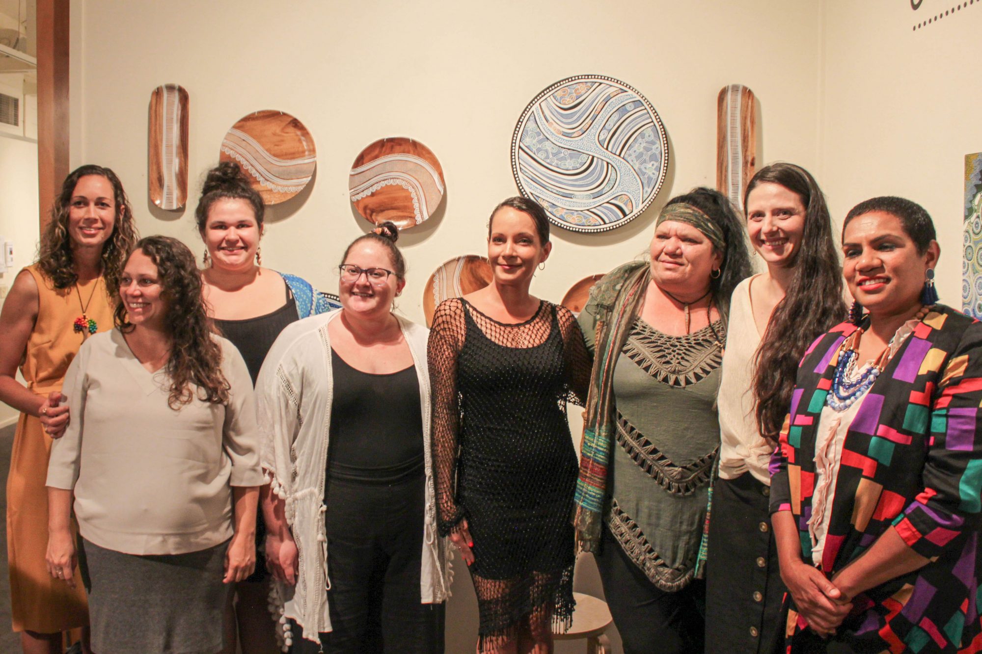 Our stories and designs artists - from left - Muralappi (Jessica Skeen-McKinnon), Amanda Hayman (curator), Kyra Mancktelow, Casey Coolwell, Sally Terare, Kim Williams, Cara Shields and Sylvia Nakachi.